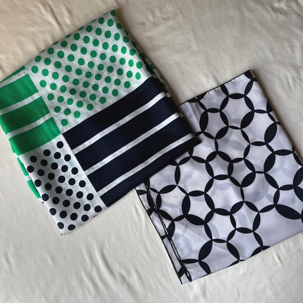 Vintage Scarf Lot of 2 Kreier Polka Dot Geometric Black Green Square Scarves